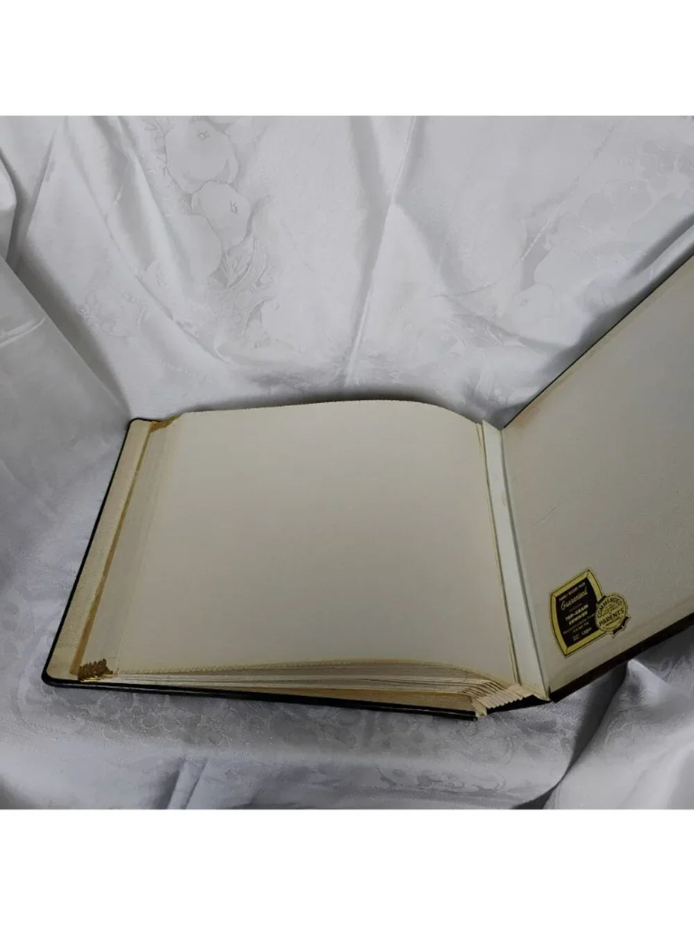 Vintage MCM Our Family Cowhide Leather Photo Album Brass Corners Gold Trim
